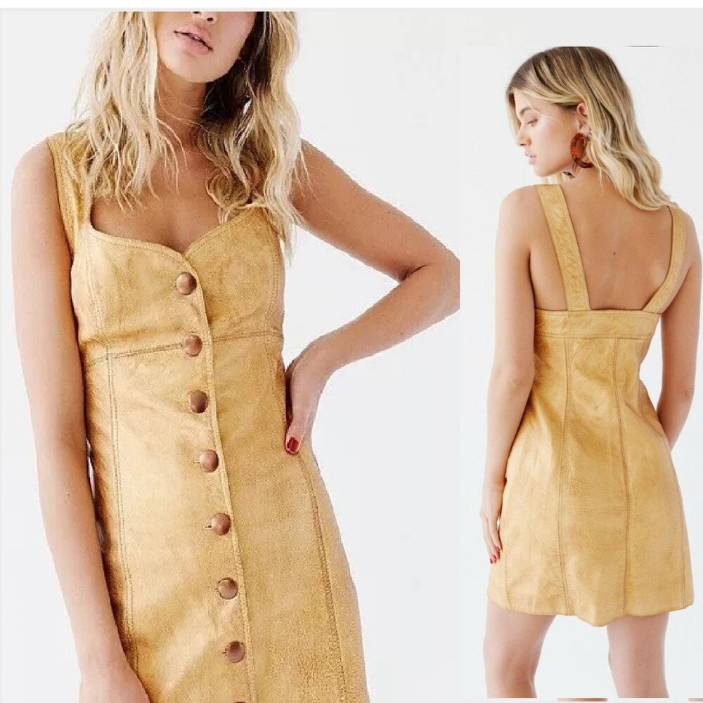 NWT $300 GOLD FREE PEOPLE BUTTON DOWN LEATHER MINI DRESS SZ 6